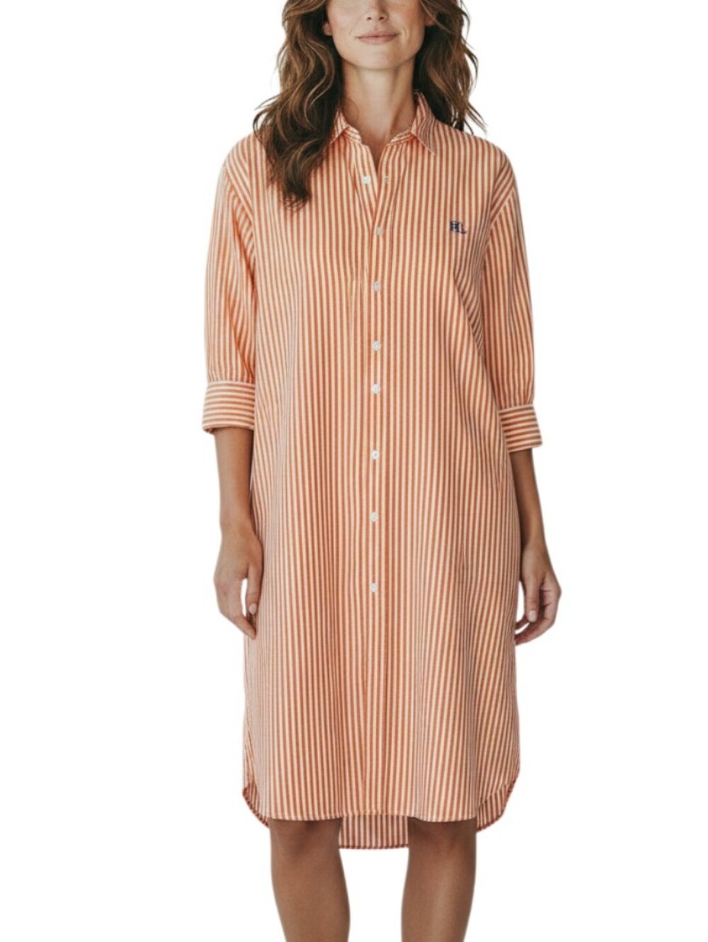 Lauren Ralph Lauren Striped Shirt Dress Size Large Orange Black Label Preppy - Picture 2 of 7